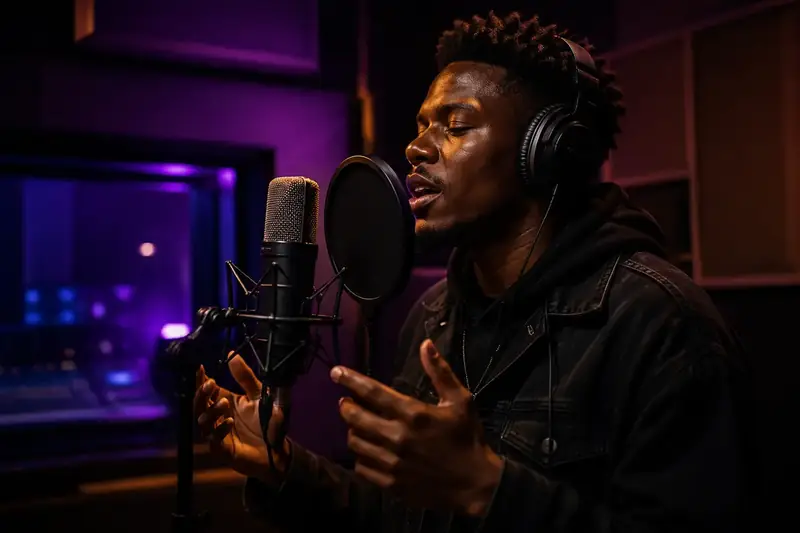 Independent African artist recording in a music studio