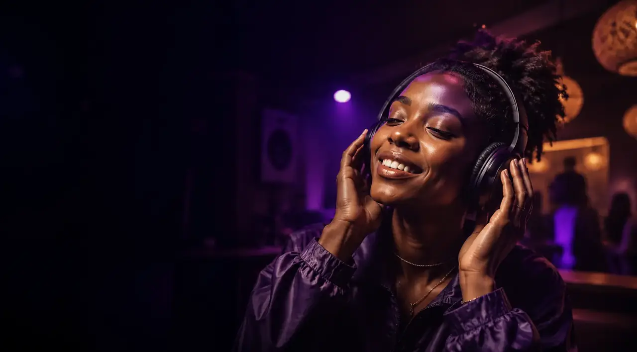 African music listener enjoying music with headphones